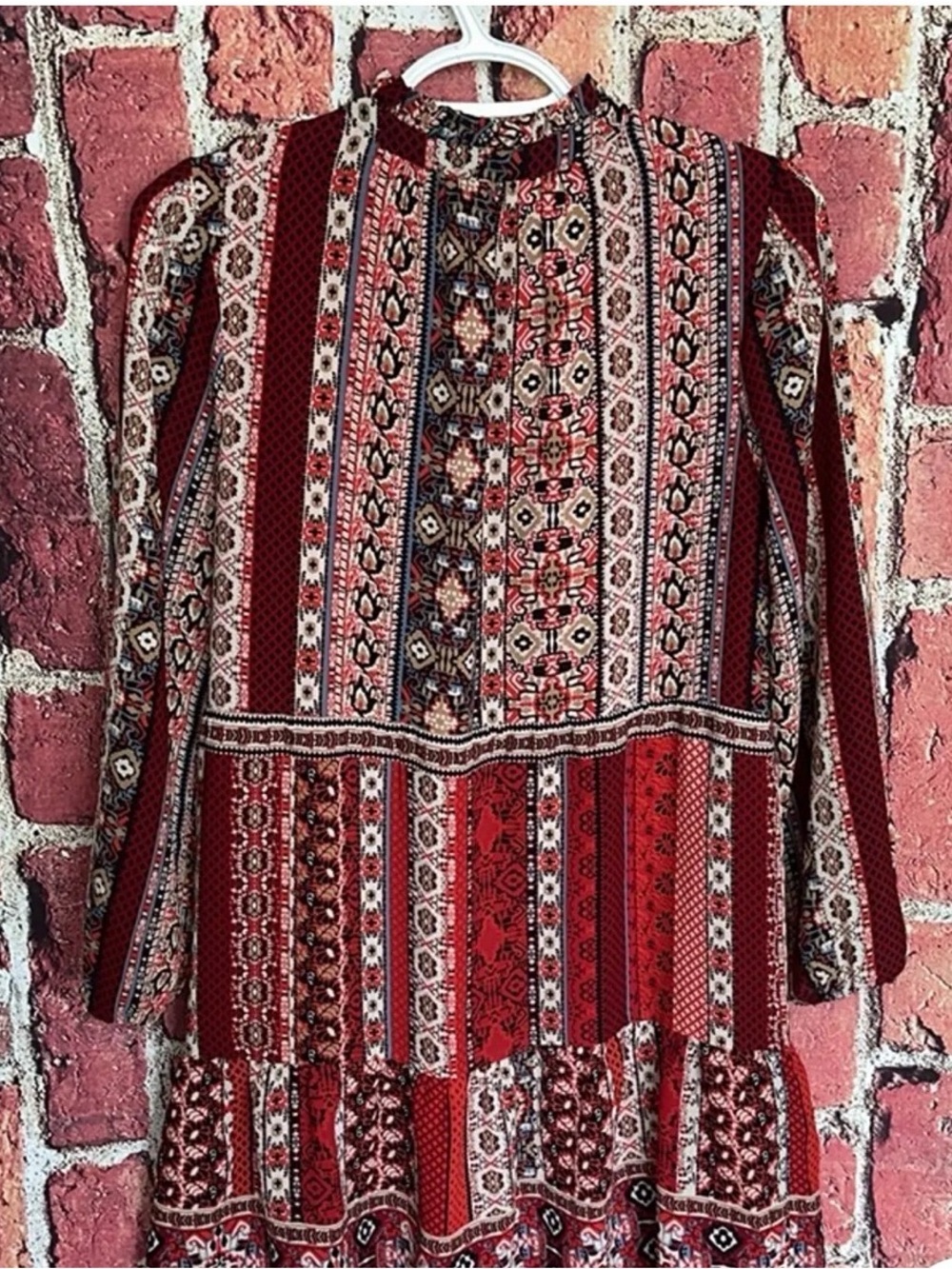 LOFT Red Multi-Pattern Long-Sleeve Tiered Dress - Picture 5 of 11